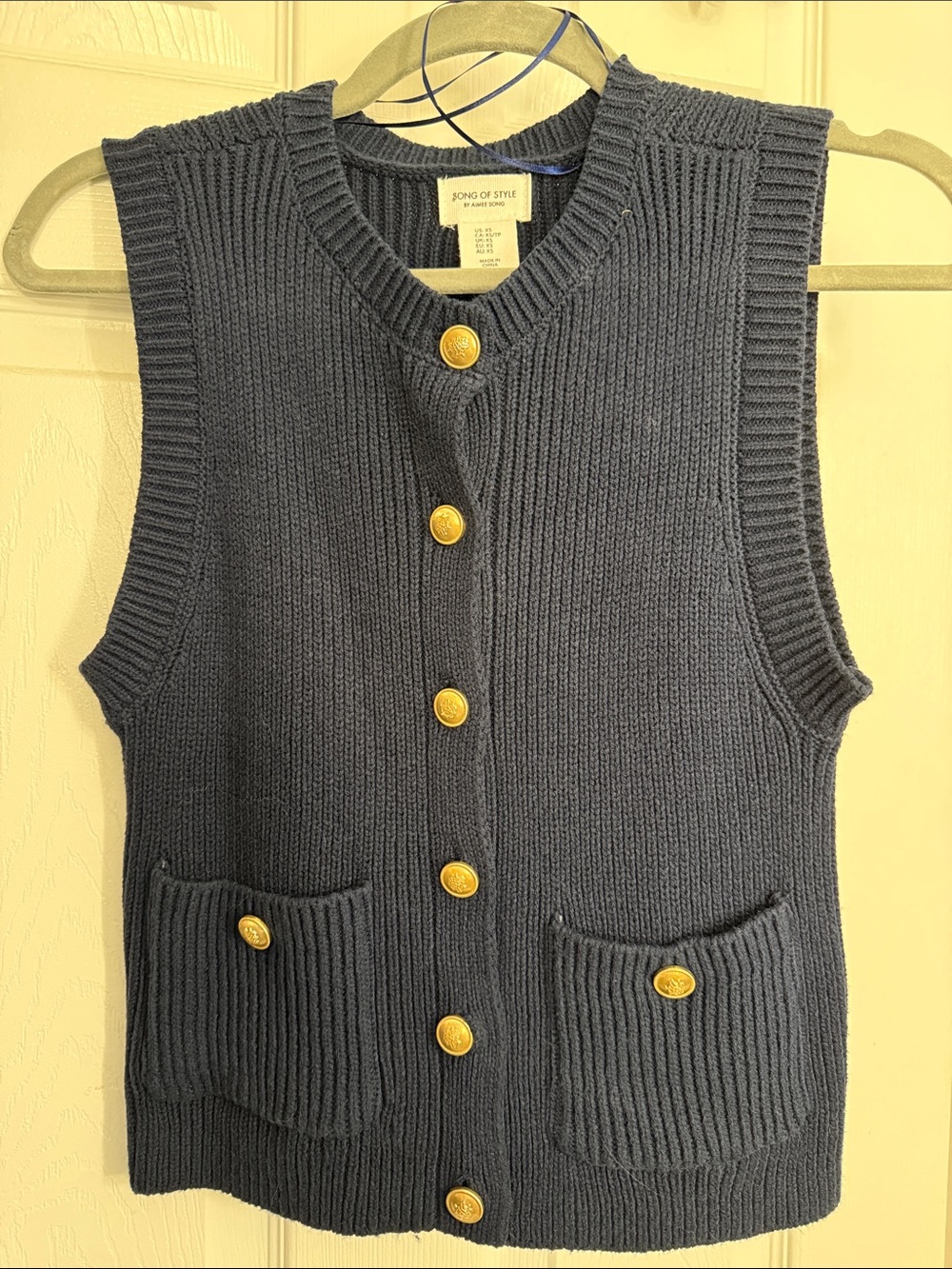 Song of Style Navy Knit Vest with Gold Buttons